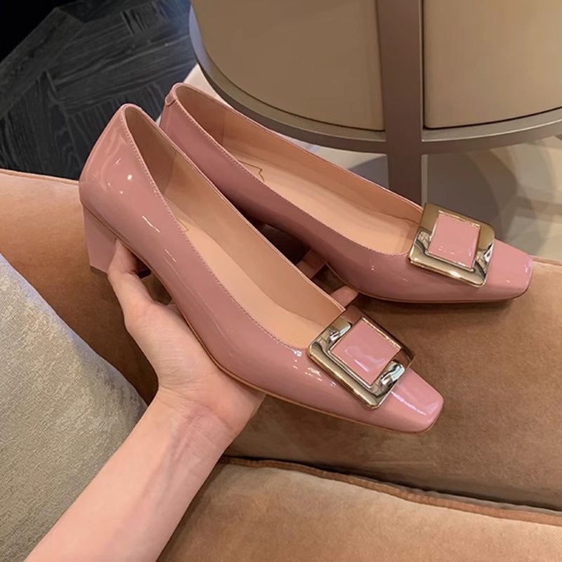 Grape Mom Same Style Genuine Leather French Classic Elegant Shallow Mouth Elegant Square Head All-Match High Heel Thick Heel Square Button Single Shoes - Image 3